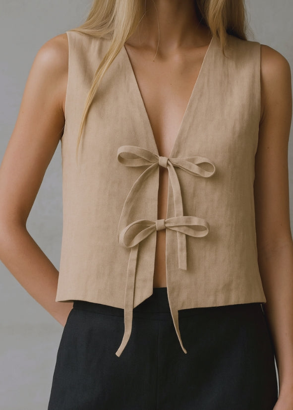 Linen Tie Front Vest - Beige