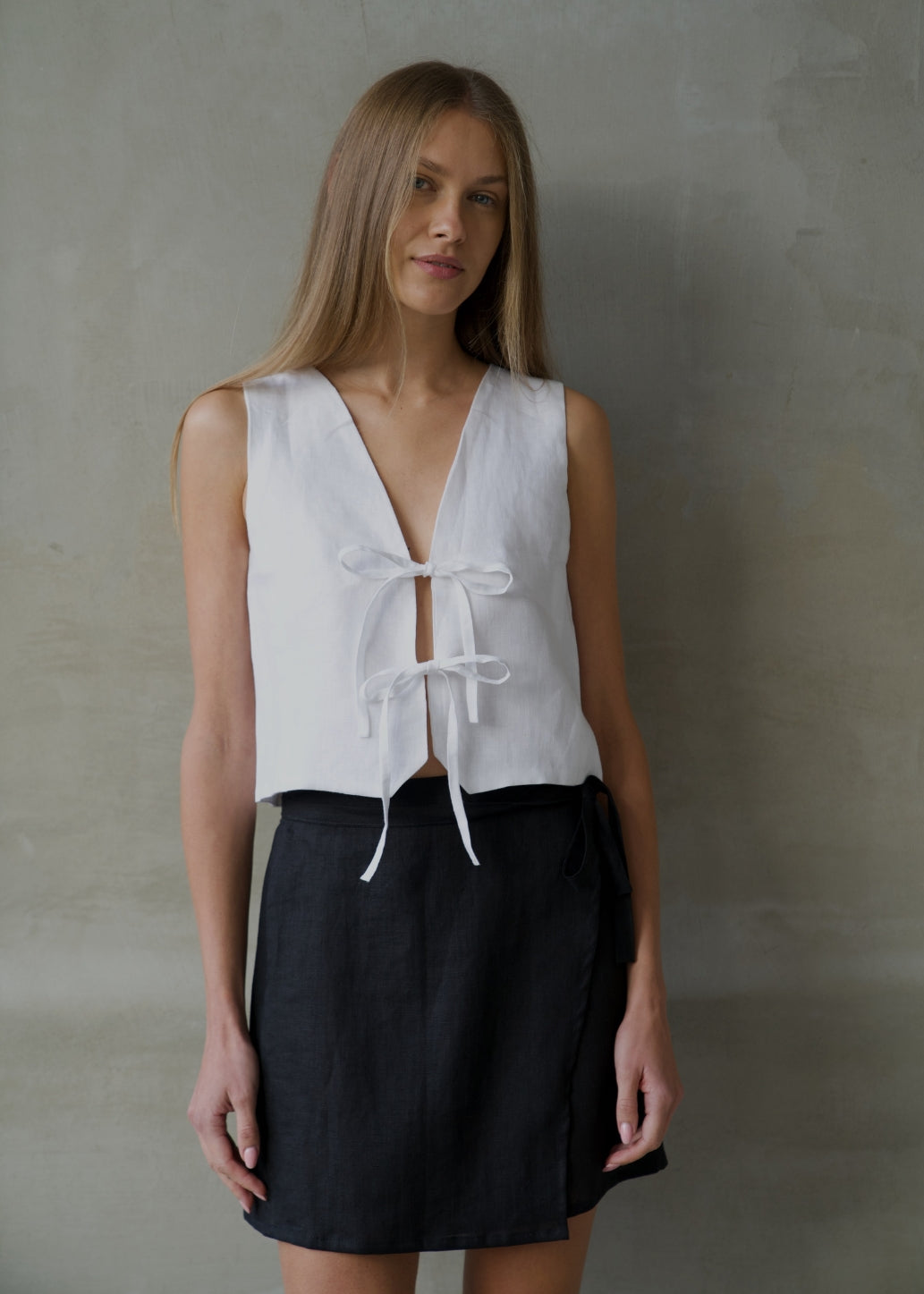 Linen Tie Front Vest - White