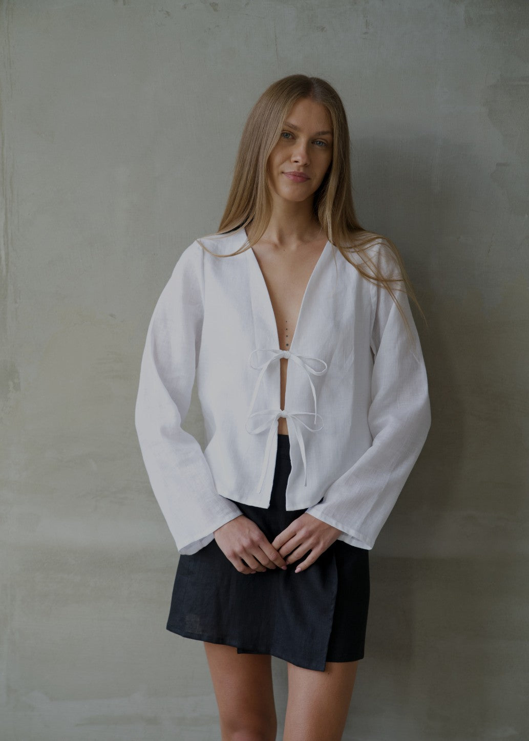 Linen Tie Front Top - White