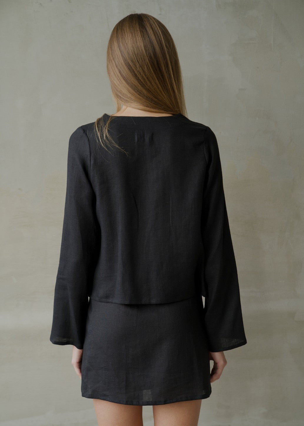 Linen Tie Front Top - Black