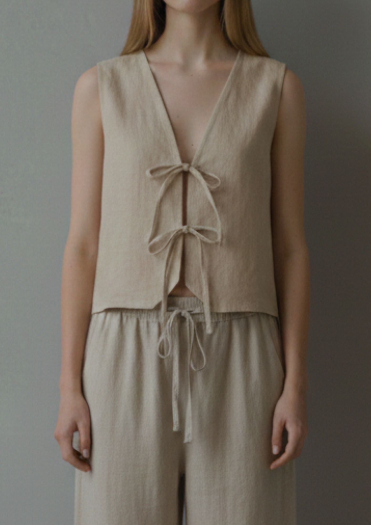 Linen Tie Front Vest - Beige