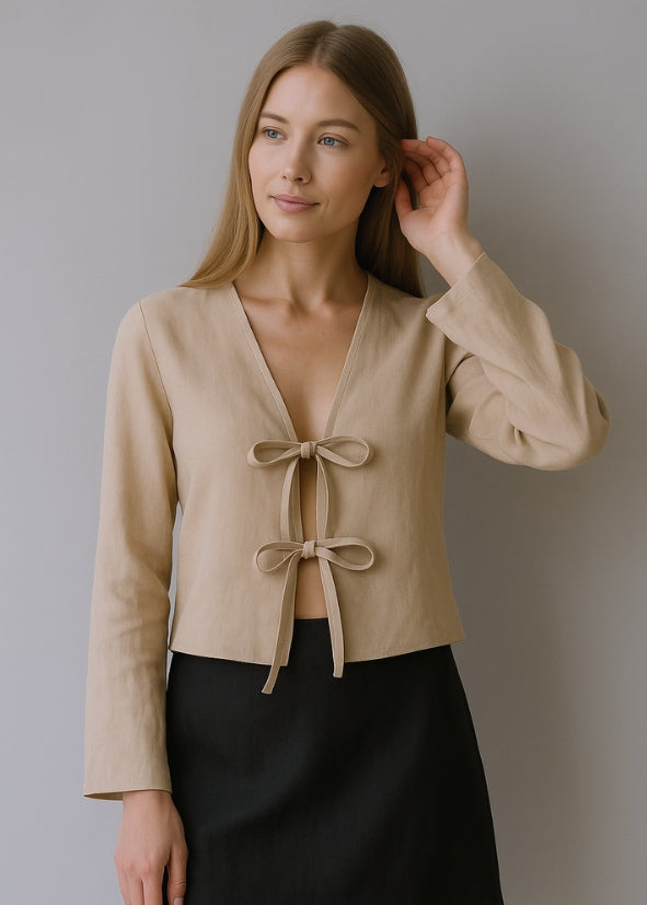 Linen Tie Front Top - Beige