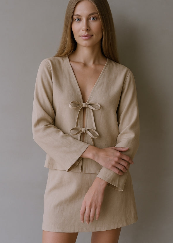 Linen Tie Front Top - Beige