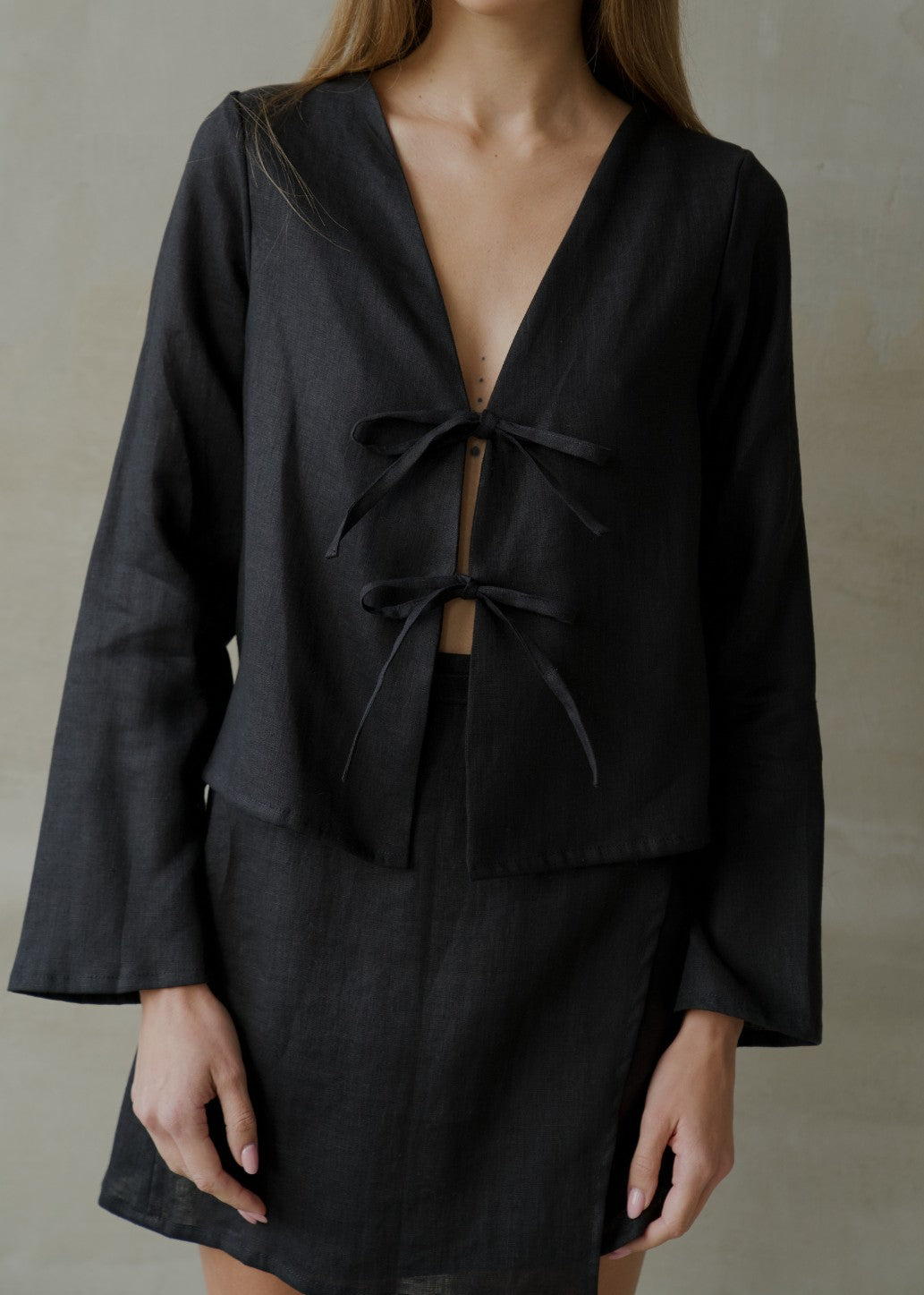 Linen Tie Front Top - Black