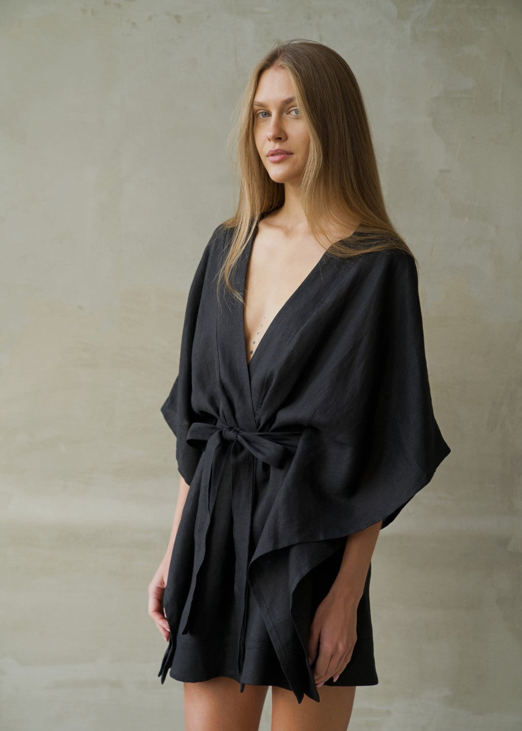 Linen Lounge Robe - Black