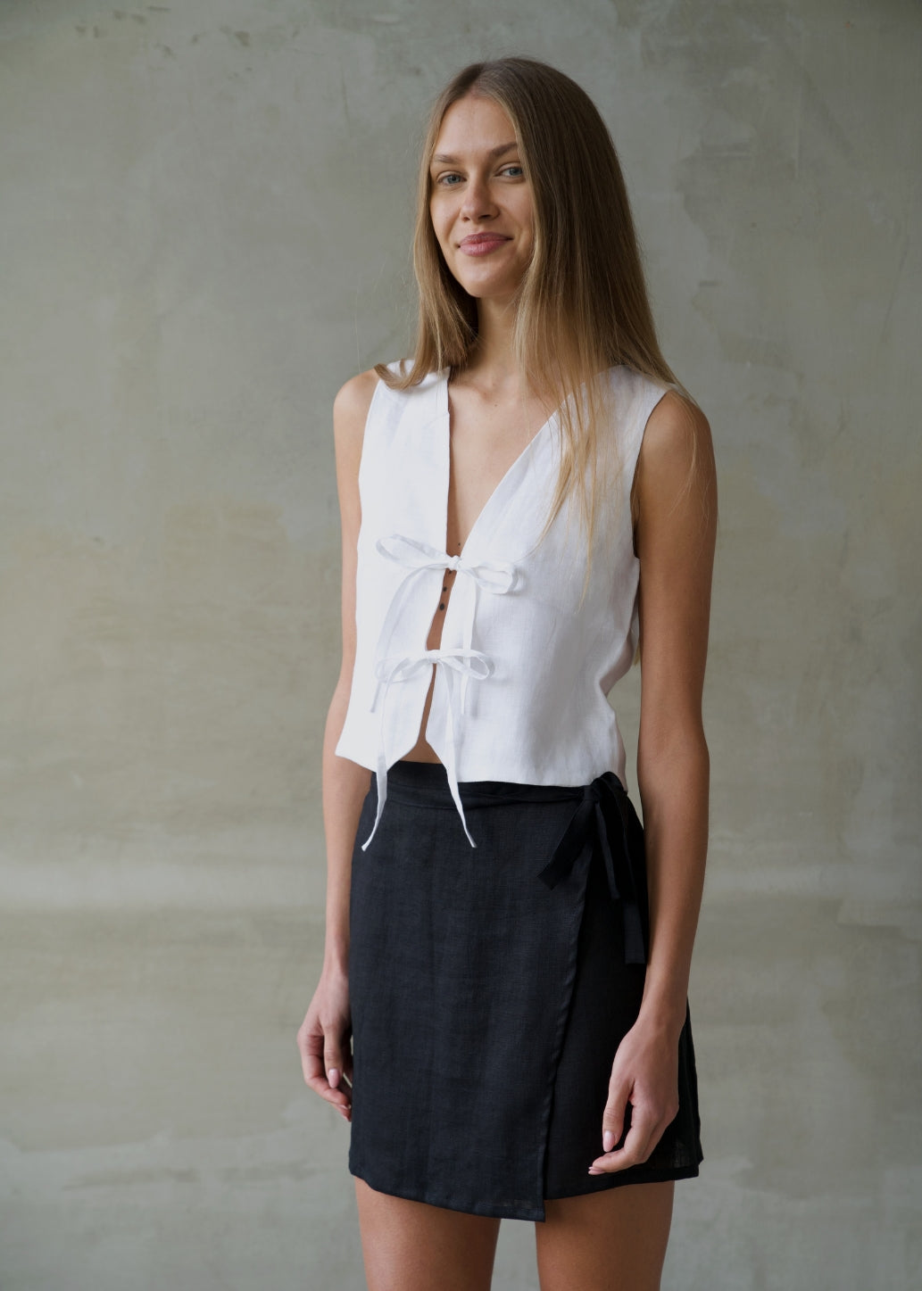 Linen Tie Front Vest - White