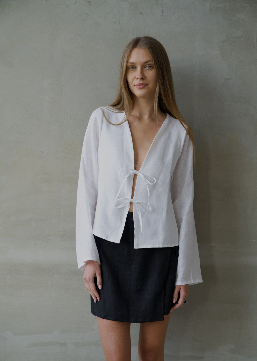 Linen Tie Front Top - White