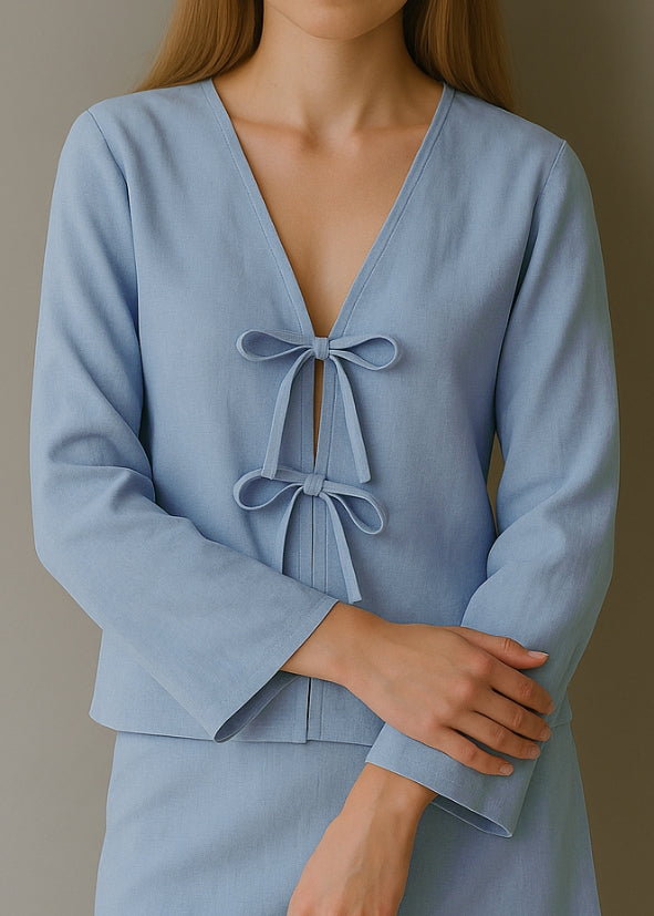Linen Tie Front Top - Blue