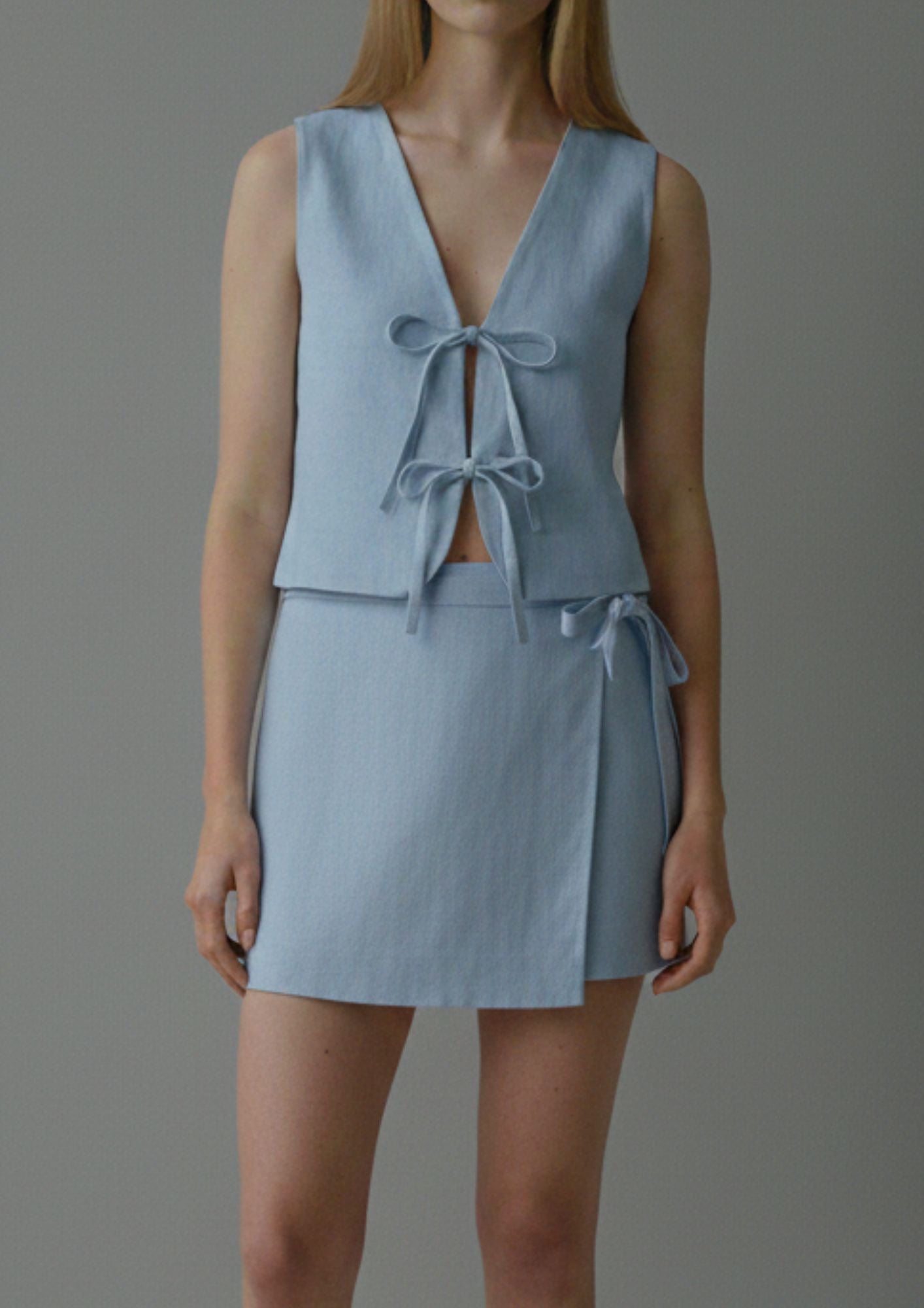 Linen Tie Front Vest - Blue