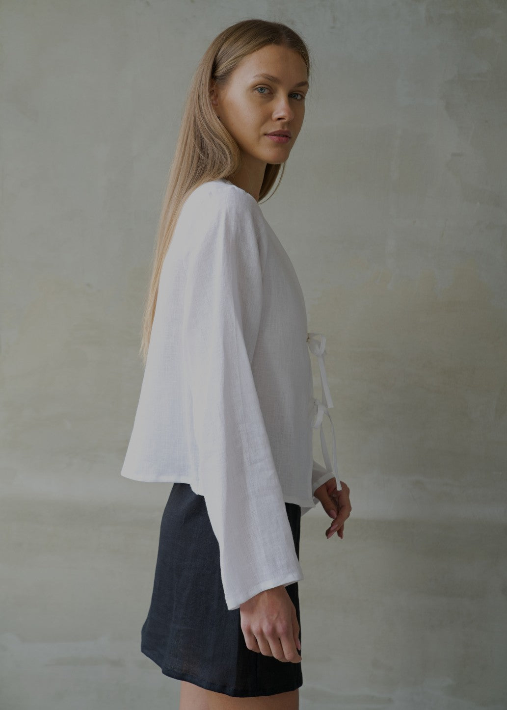 Linen Tie Front Top - White