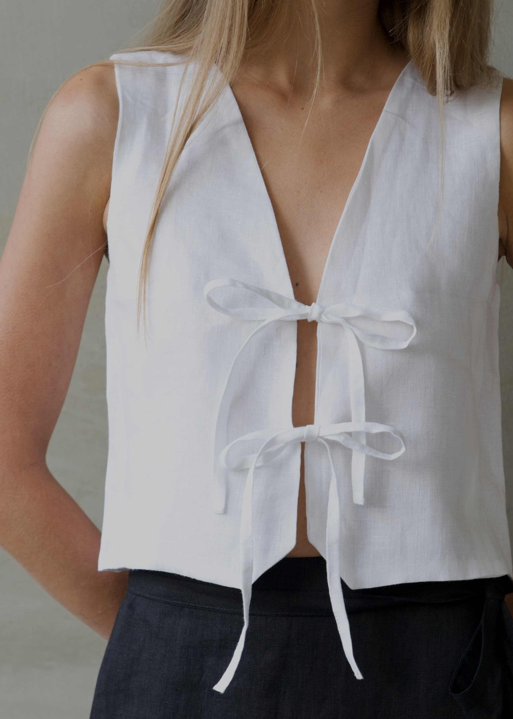 Linen Tie Front Vest - White