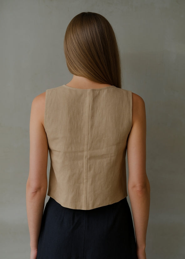 Linen Tie Front Vest - Beige