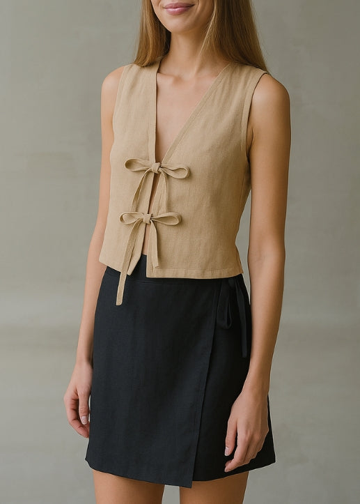 Linen Tie Front Vest - Beige