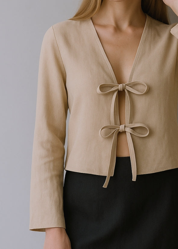 Linen Tie Front Top - Beige
