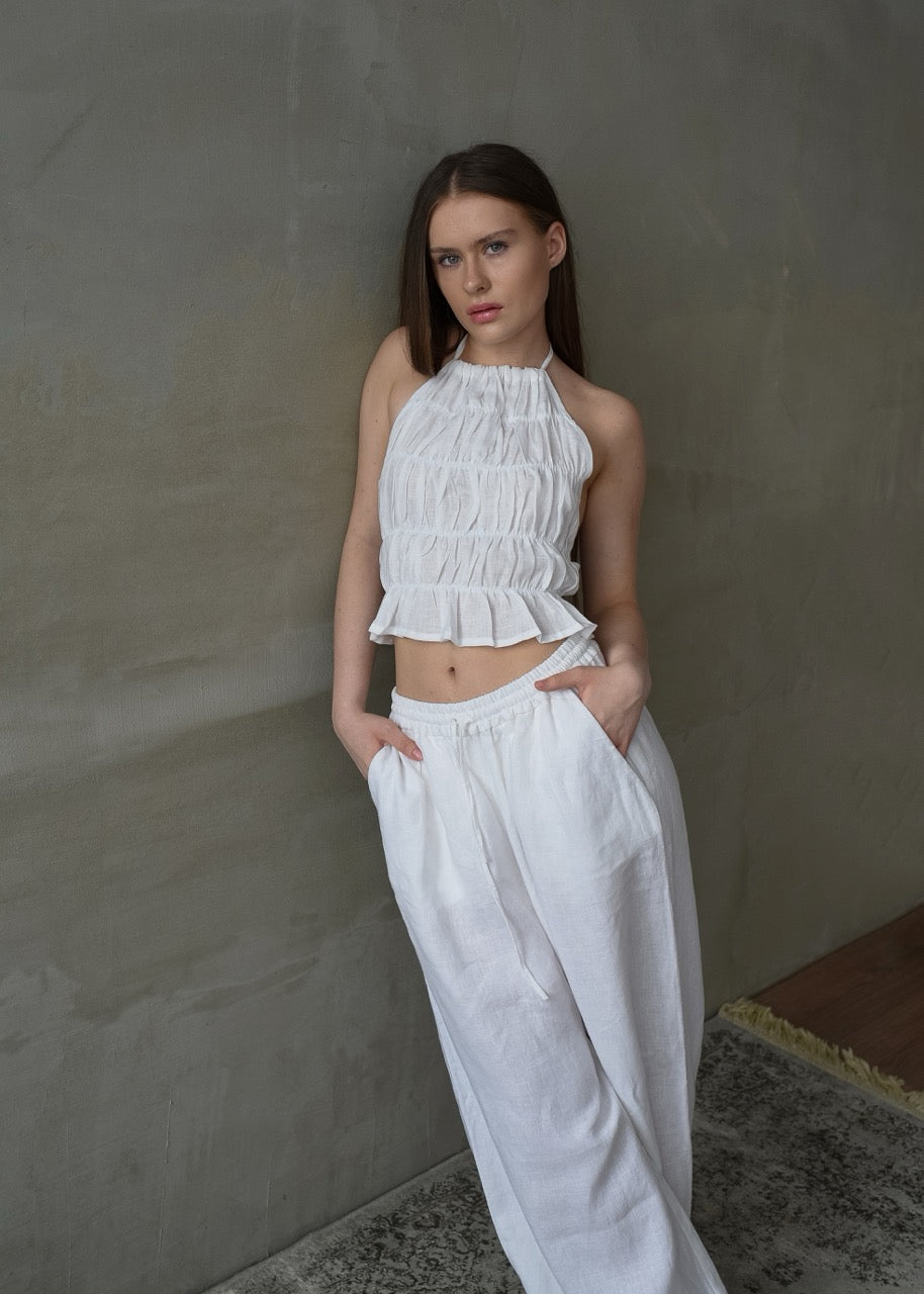 Linen Shirred Top - White