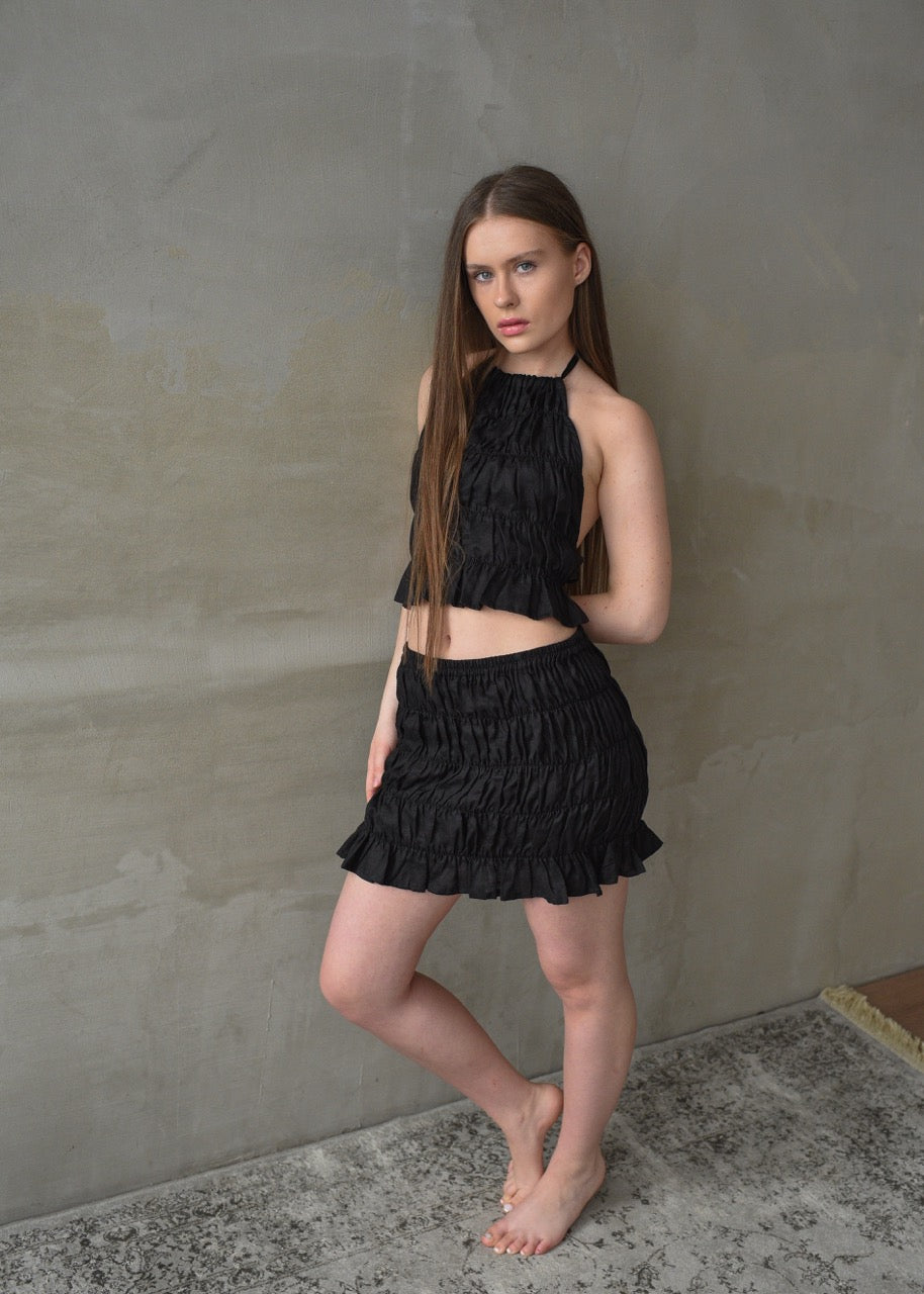 Linen Shirred Skirt - Black