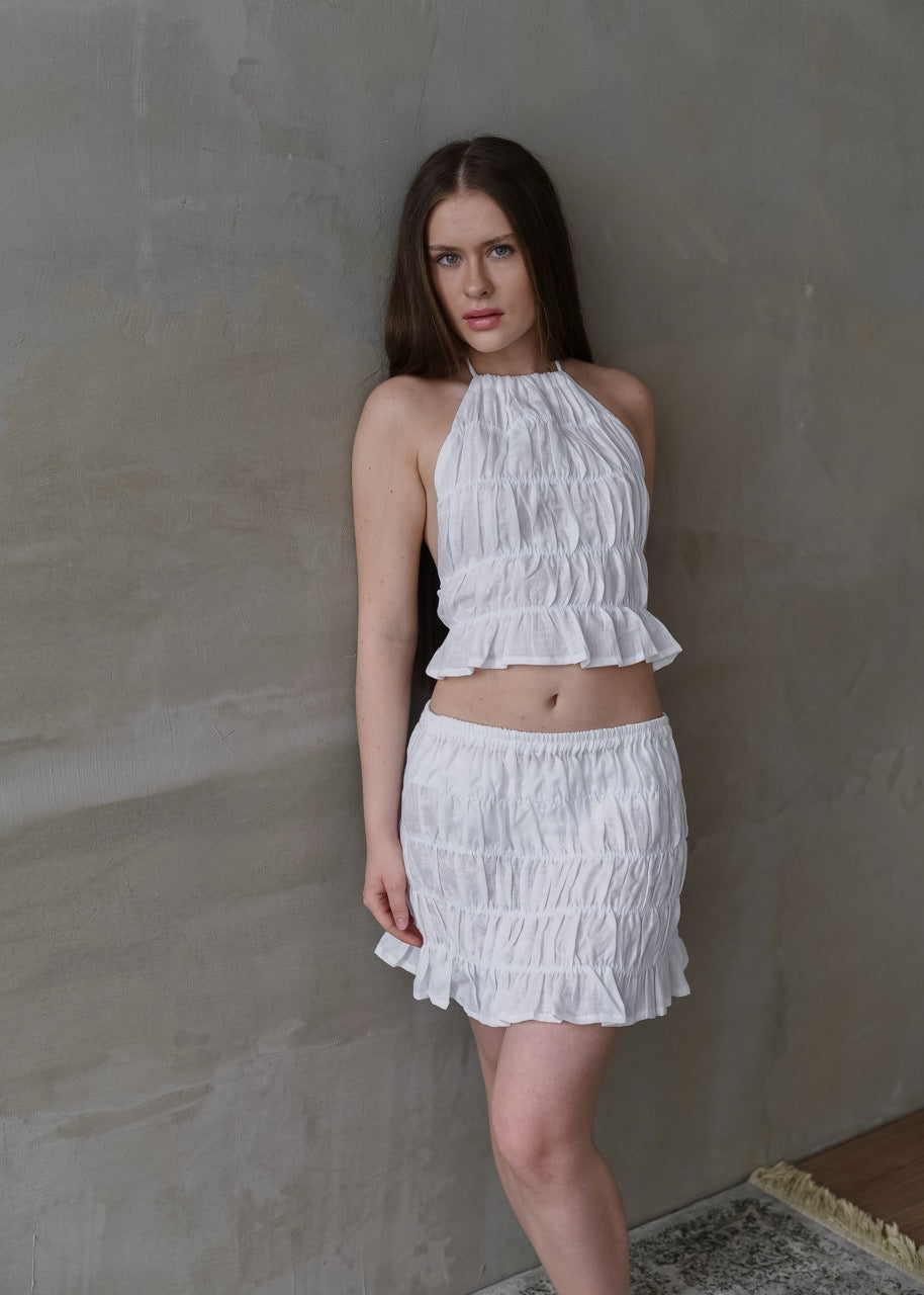 Linen Shirred Skirt - White