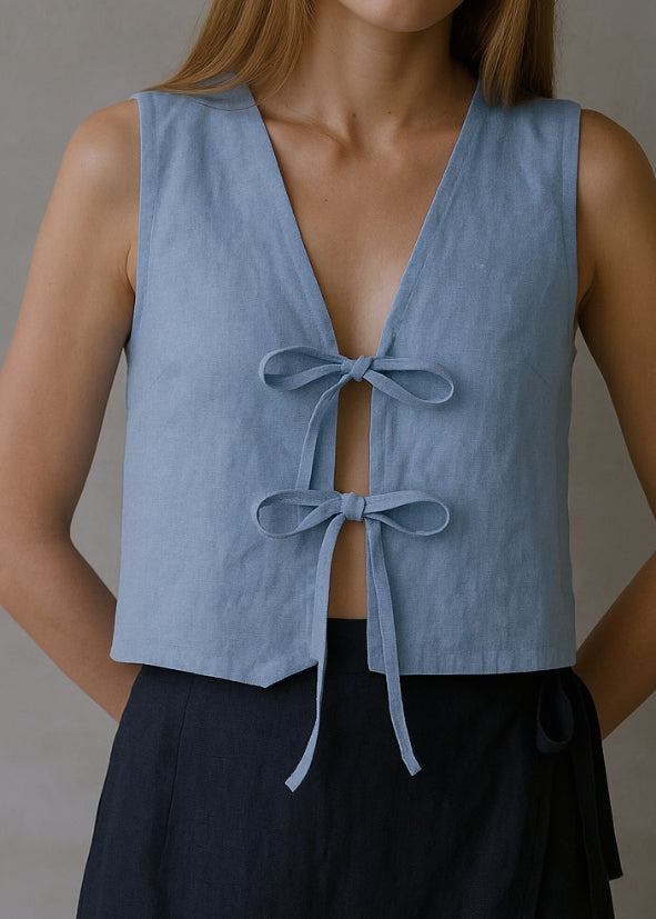 Linen Tie Front Vest - Blue