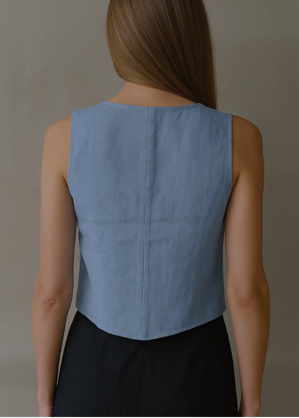 Linen Tie Front Vest - Blue