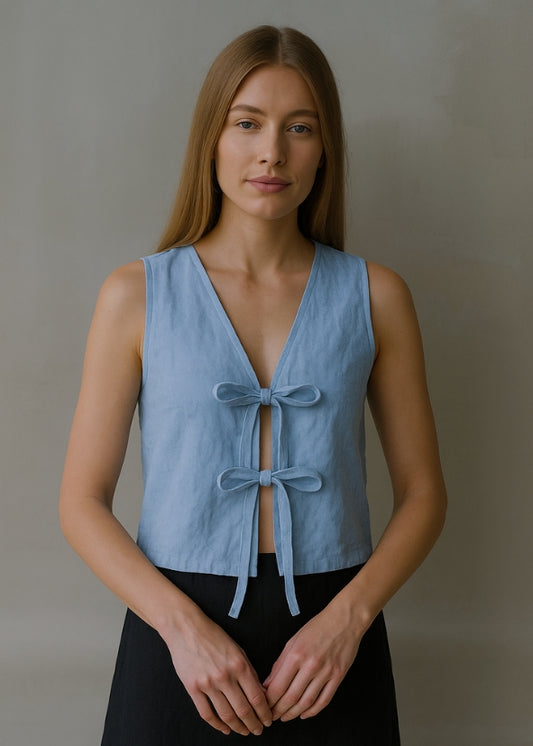 Linen Tie Front Vest - Blue