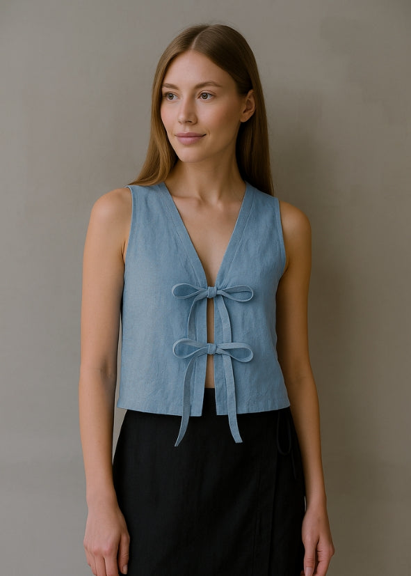 Linen Tie Front Vest - Blue