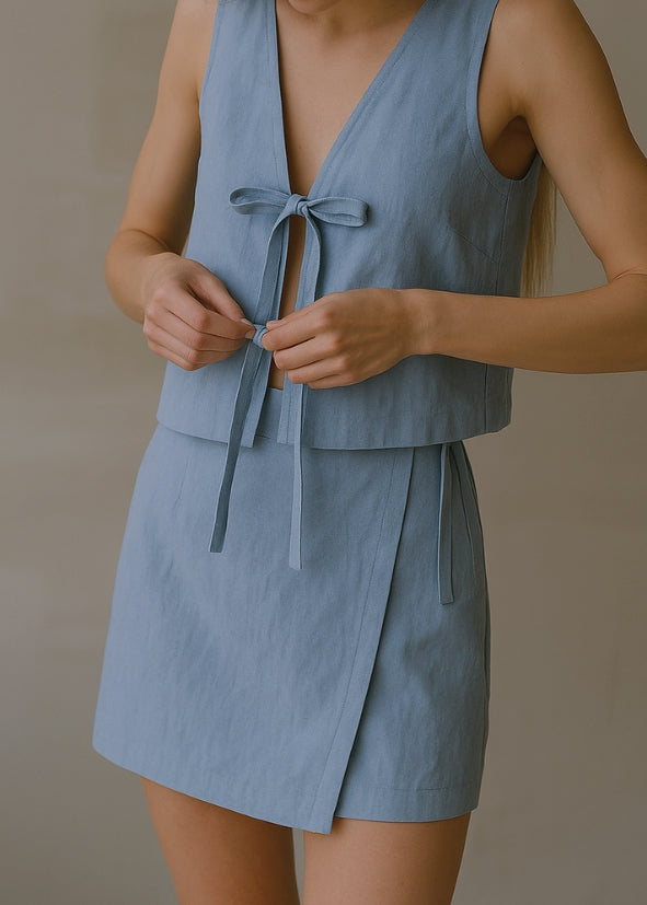 Linen Tie Front Vest - Blue