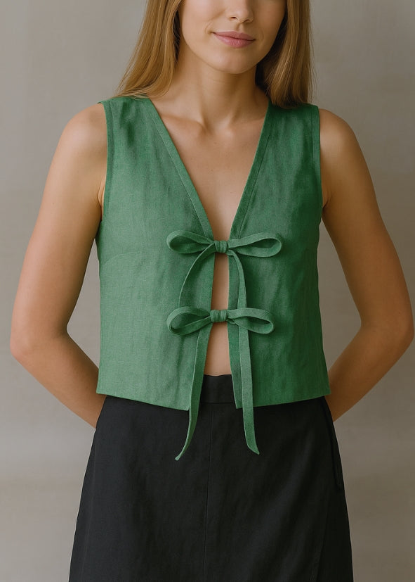 Linen Tie Front Vest - Emerald Green