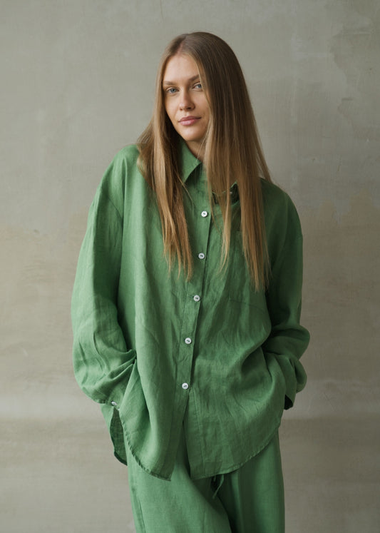 Oversized Linen Shirt - Emerald Green