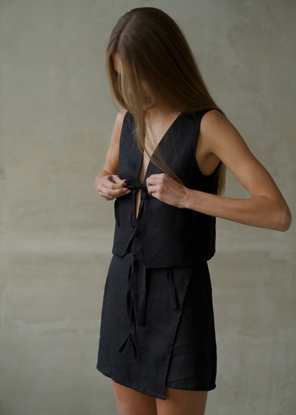 Linen Tie Front Vest - Black