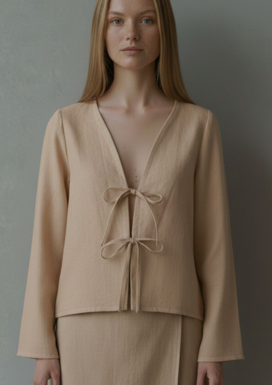 Linen Tie Front Top - Beige