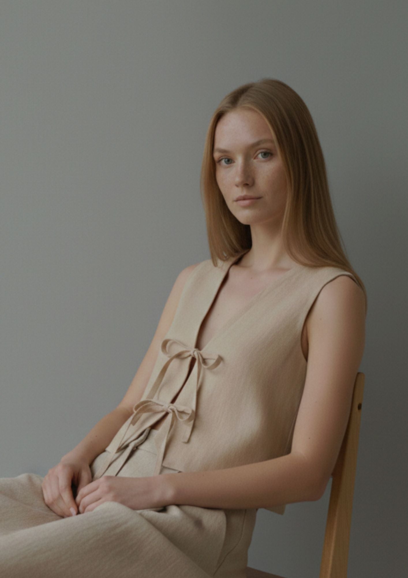 Linen Tie Front Vest - Beige