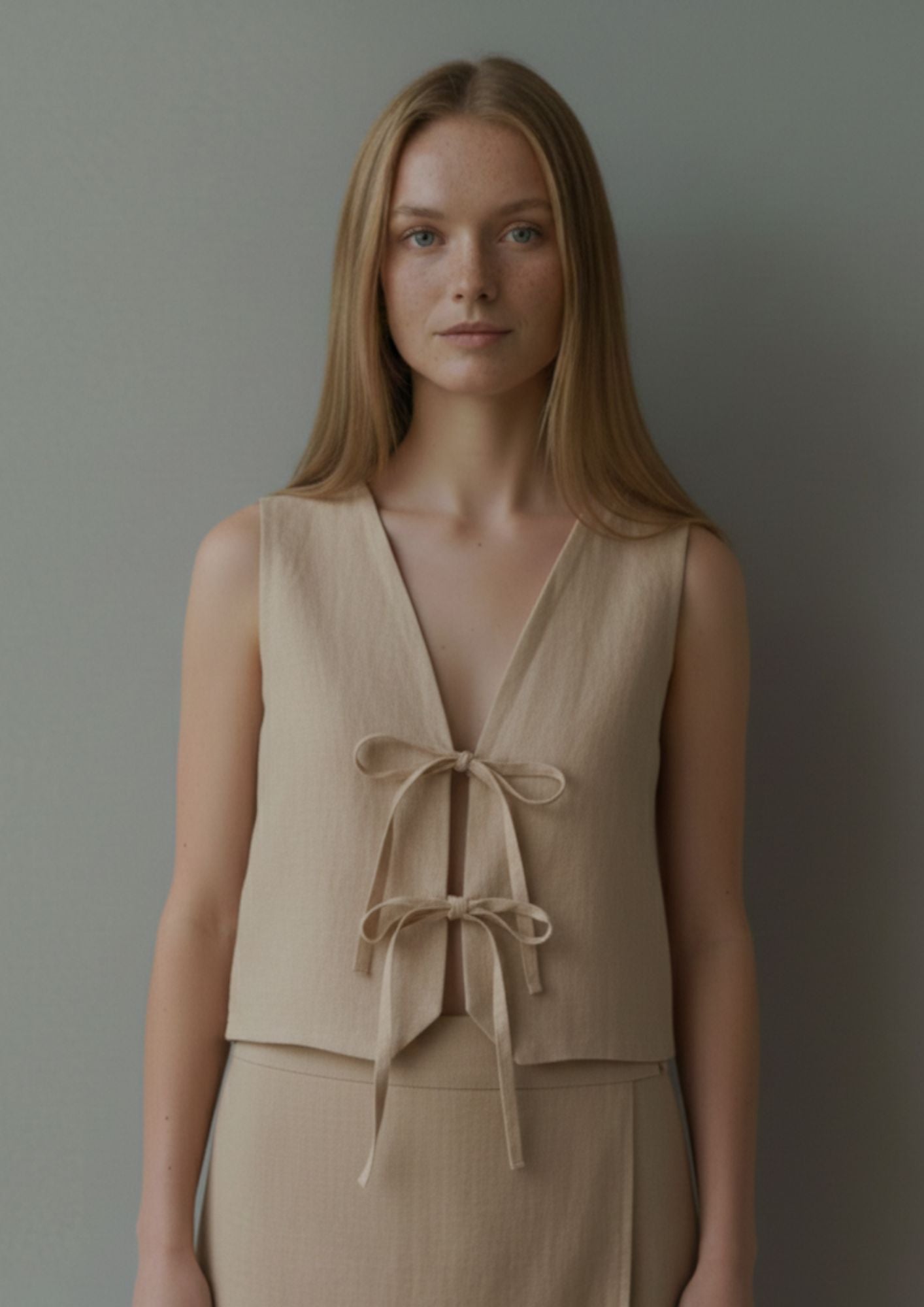 Linen Tie Front Vest - Beige