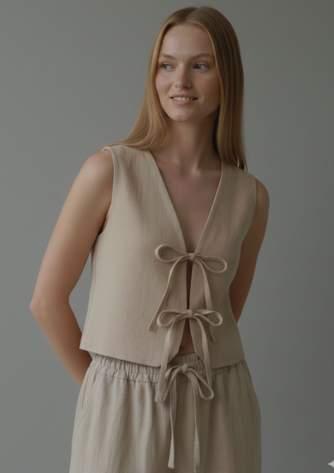 Linen Tie Front Vest - Beige