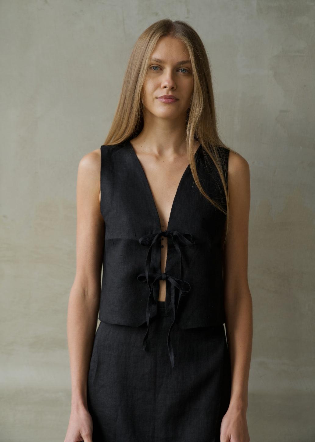 Linen Tie Front Vest - Black
