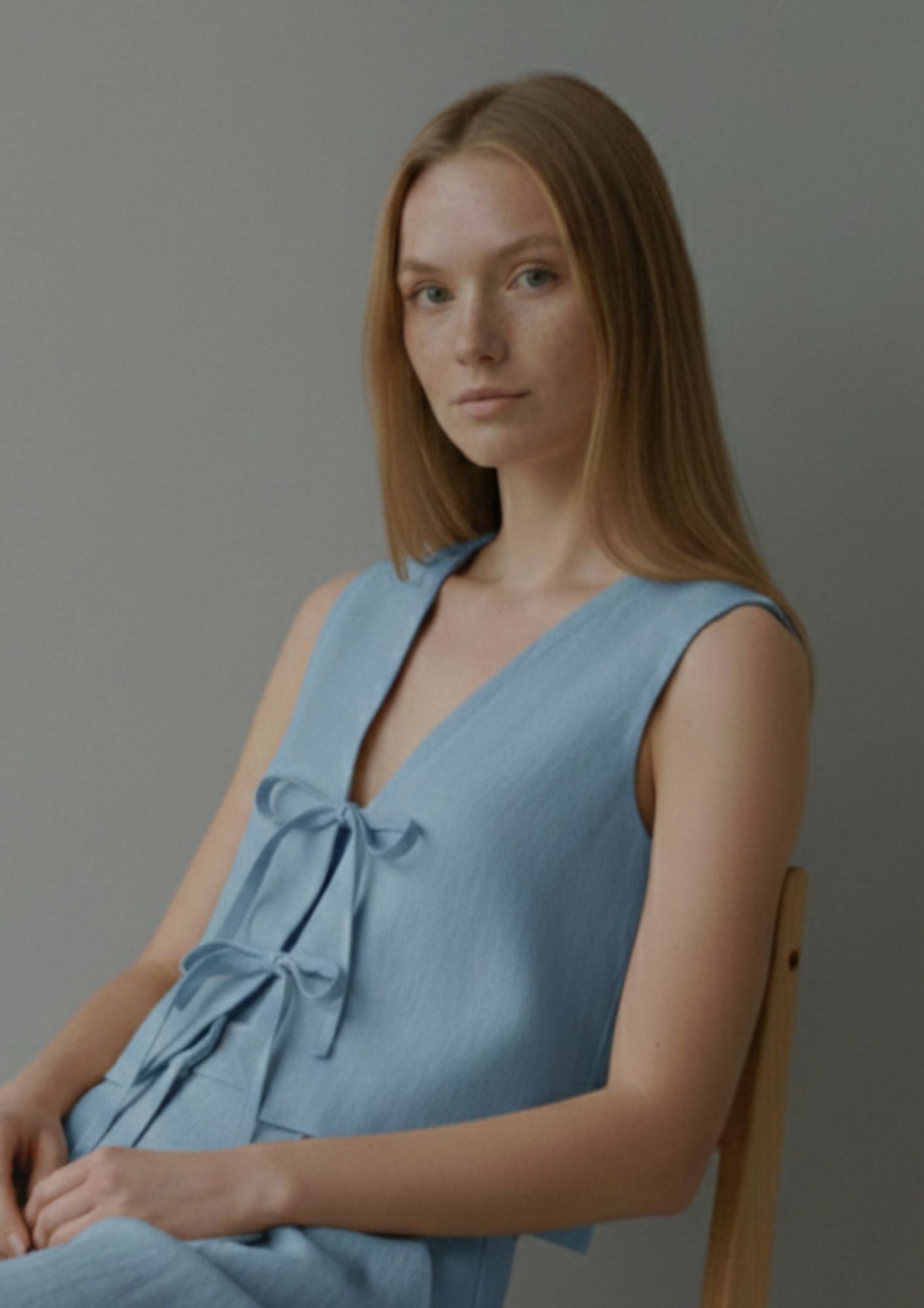 Linen Tie Front Vest - Blue
