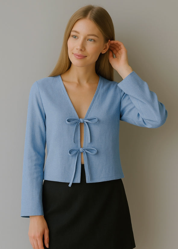 Linen Tie Front Top - Blue