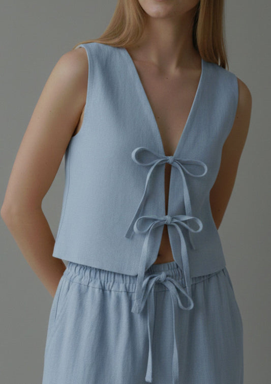 Linen Tie Front Vest - Blue