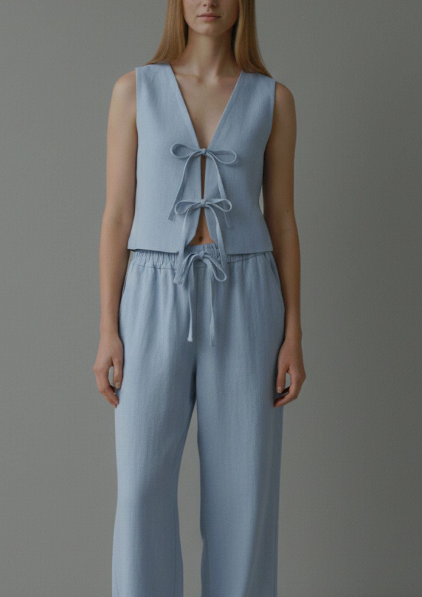 Linen Tie Front Vest - Blue