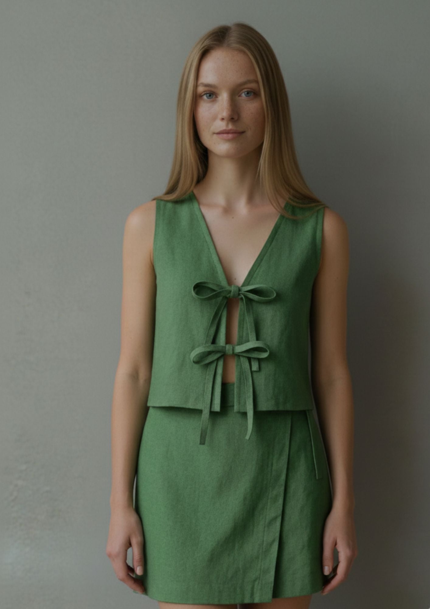Linen Tie Front Vest - Emerald Green