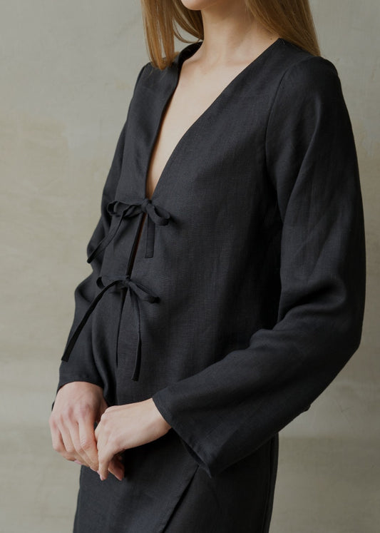 Linen Tie Front Top - Black