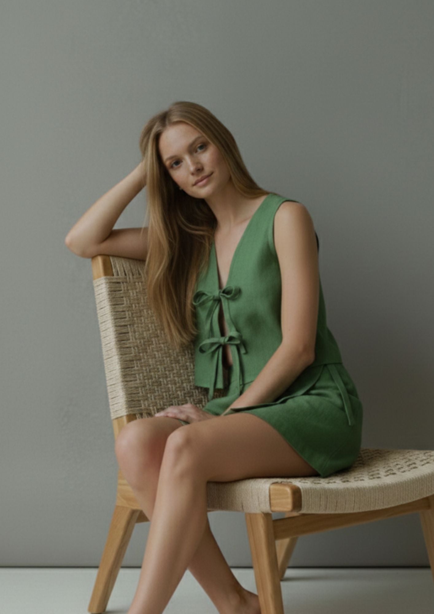 Linen Tie Front Vest - Emerald Green