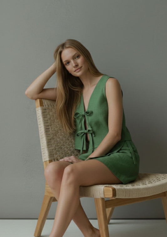 Linen Tie Front Vest - Emerald Green