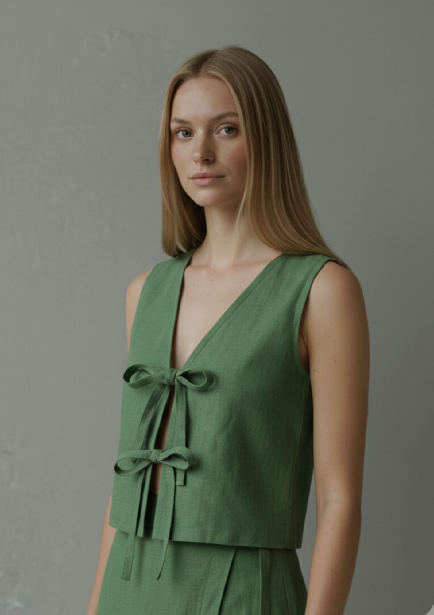 Linen Tie Front Vest - Emerald Green