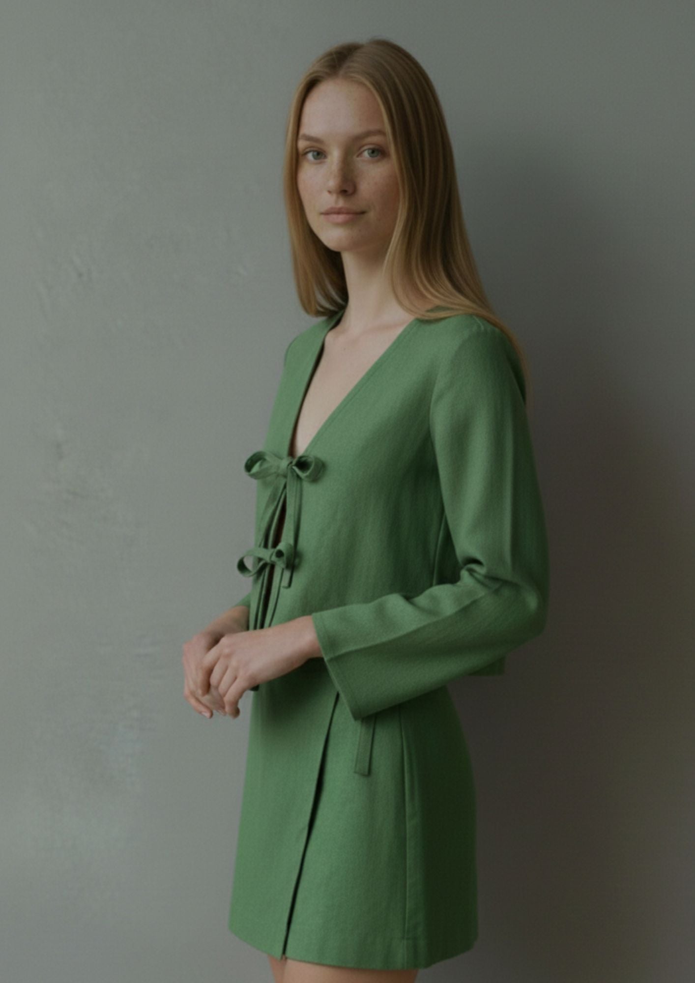 Linen Tie Front Top - Emerald Green