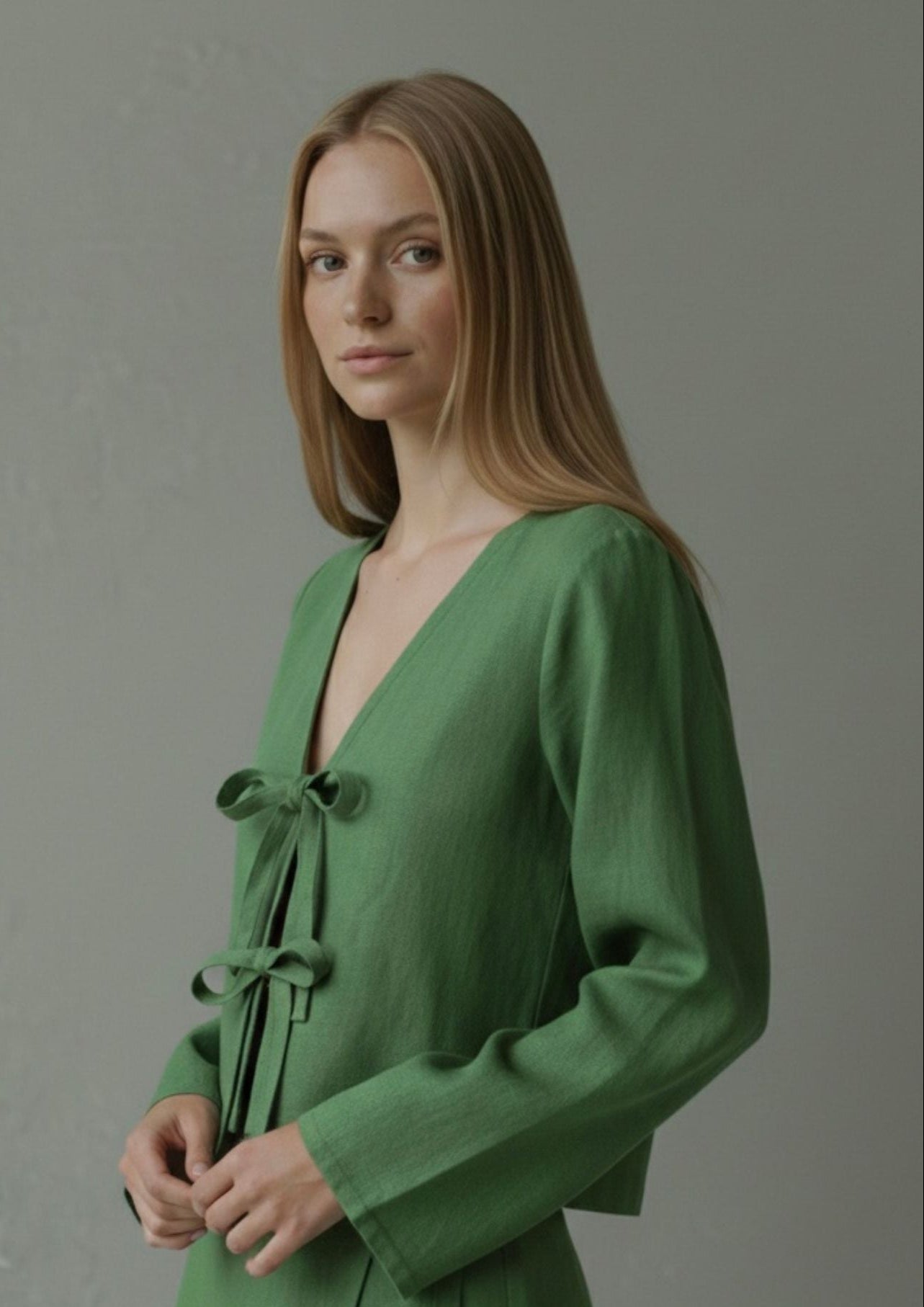 Linen Tie Front Top - Emerald Green