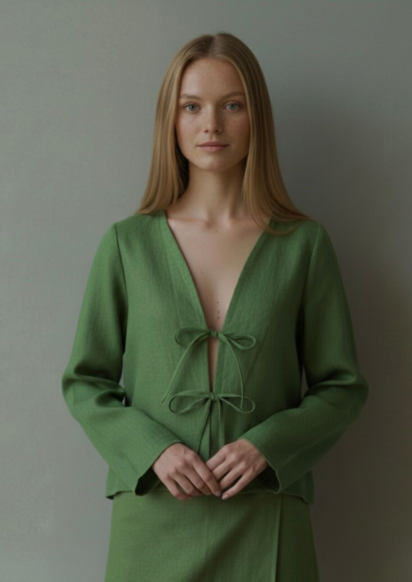 Linen Tie Front Top - Emerald Green
