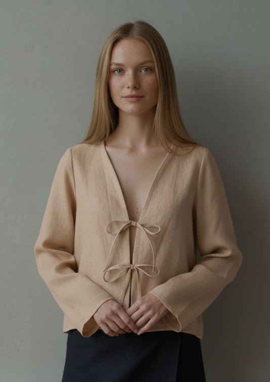 Linen Tie Front Top - Beige