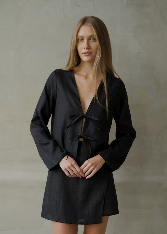 Linen Tie Front Top - Black
