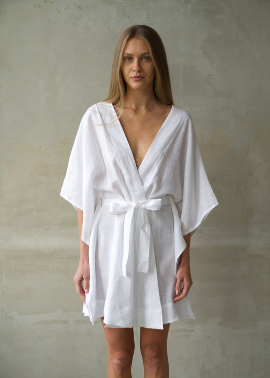 Linen Lounge Robe - White