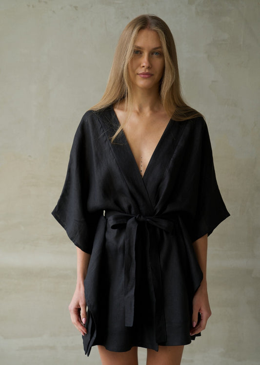 Linen Lounge Robe - Black